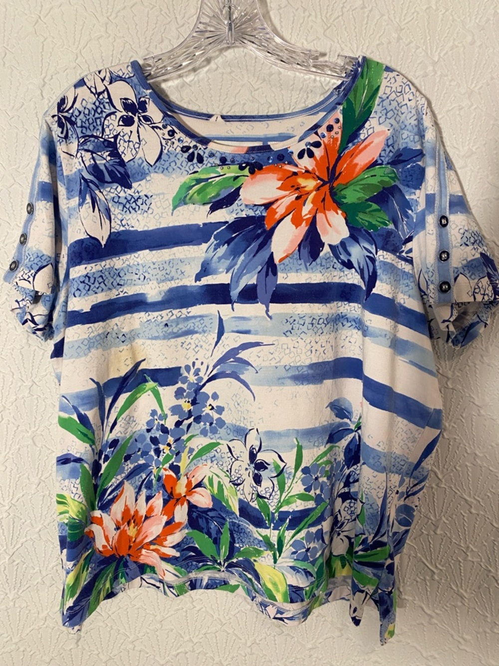 Alfred Dunner Blue & Orange Floral Striped Short Sleeve Top Size XL